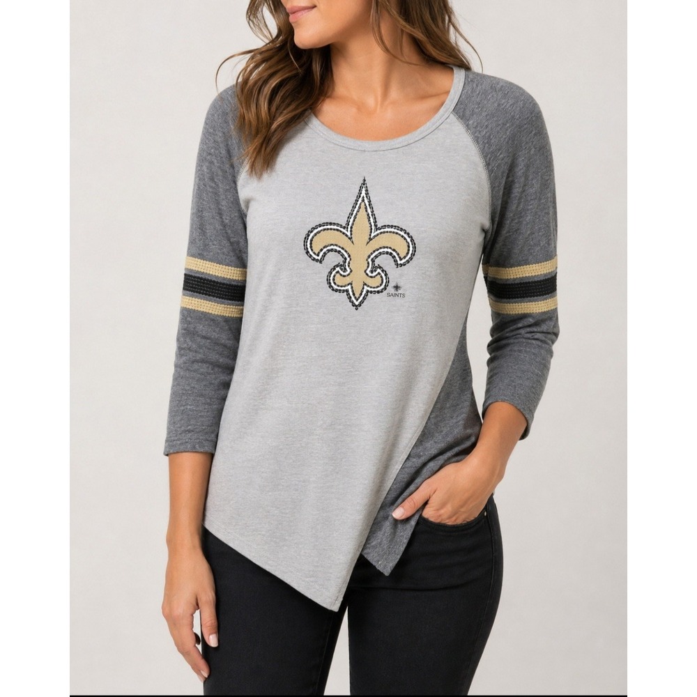 NFL New Orleans Saints Juniors Grey Asymmetrical Fleur-de-Lis 3/4 Sleeve Top L